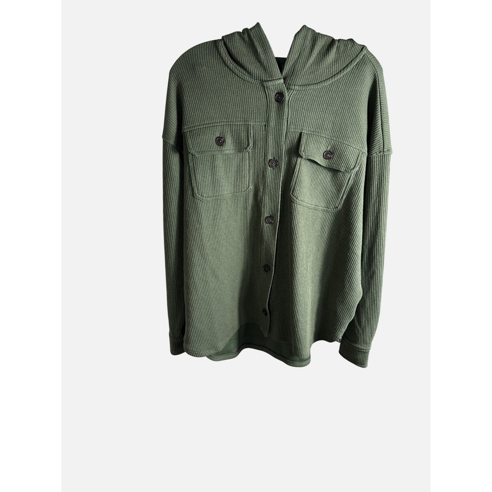 Time and Tru Womens Olive Green Ribbed Hooded Shacket Button Down Size L 12-14